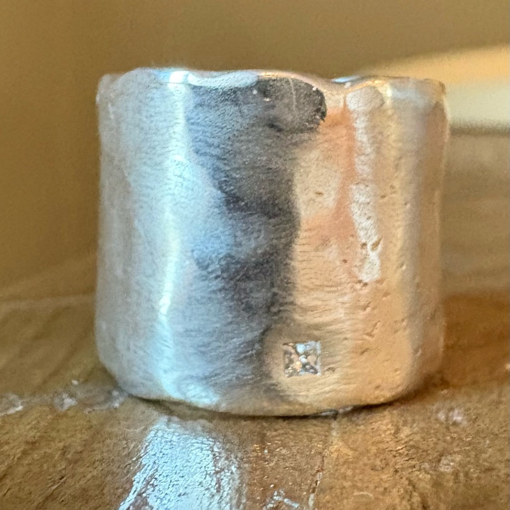 Saundra Messinger Handmade Wide Cigar Band Sterling Silver Ring with Diamond